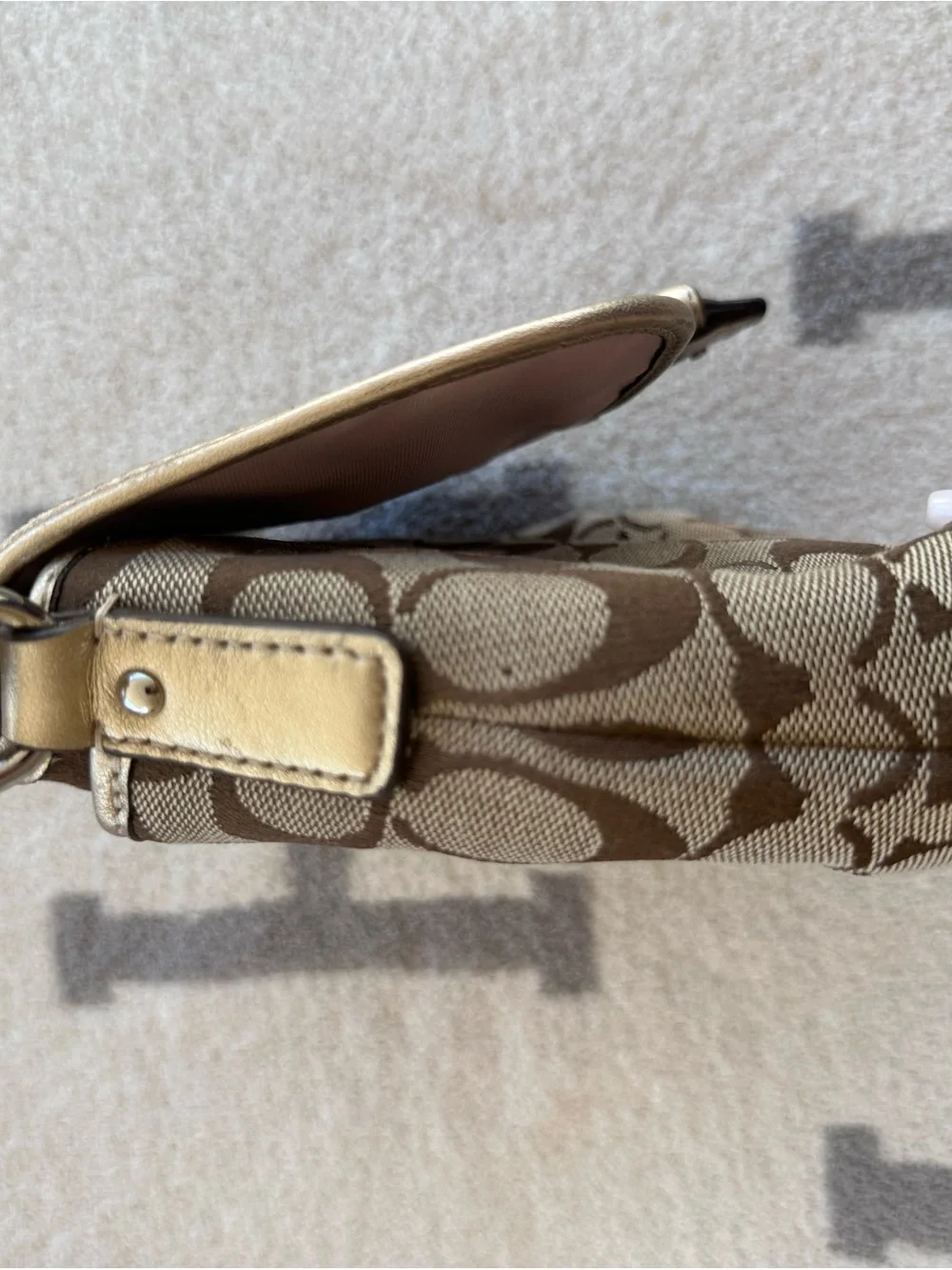 Coach Brown Signature Canvas Crossbody with Metallic Gold Buckle
